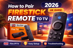 How to pair Firestick remote to TV in 2026, showing Amazon Fire TV Stick, remote, and UK Fire IPTV setup guide