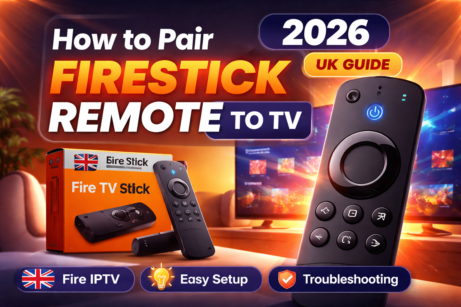 How to pair Firestick remote to TV in 2026, showing Amazon Fire TV Stick, remote, and UK Fire IPTV setup guide