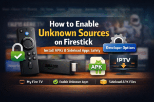How to enable unknown sources on Firestick showing Fire TV settings, Developer Options, APK installation, and sideloading apps safely in 2026