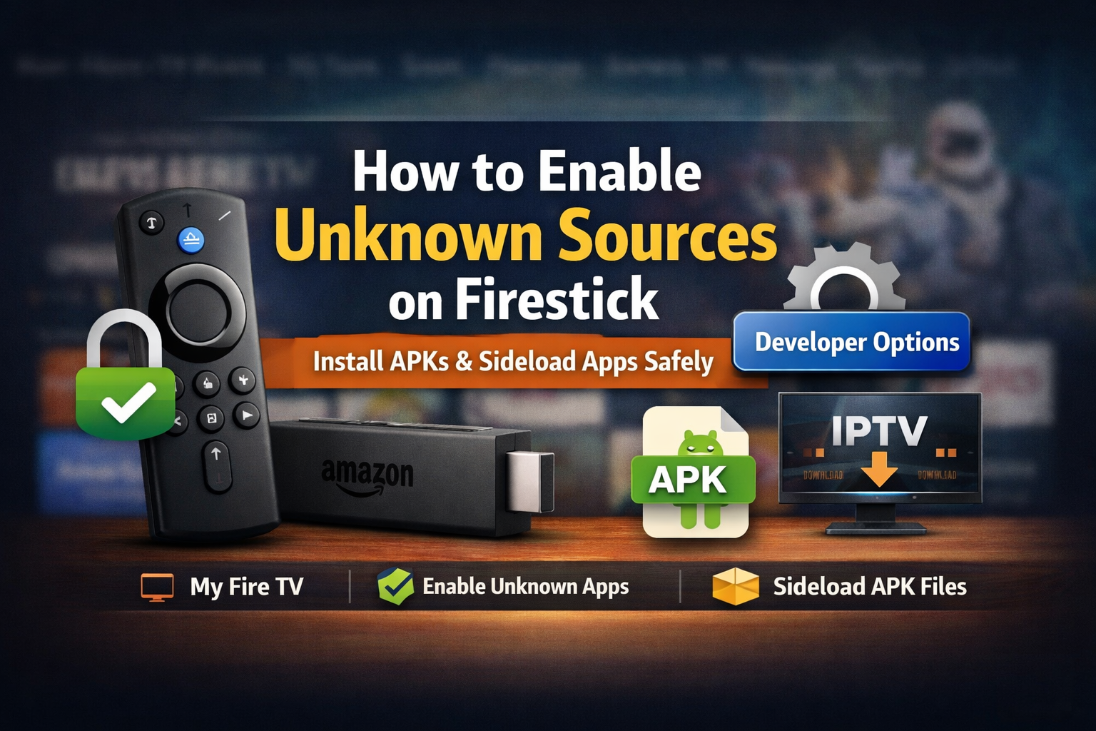 How to enable unknown sources on Firestick showing Fire TV settings, Developer Options, APK installation, and sideloading apps safely in 2026