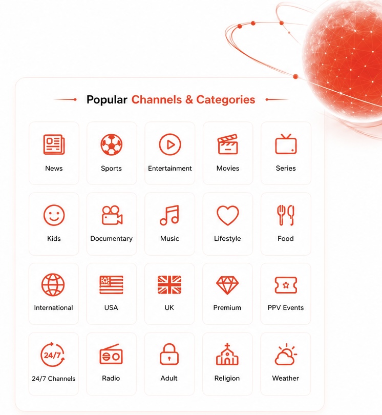 Fire IPTV 2026 channel categories including sports movies news series kids premium and IPTV Firestick entertainment options